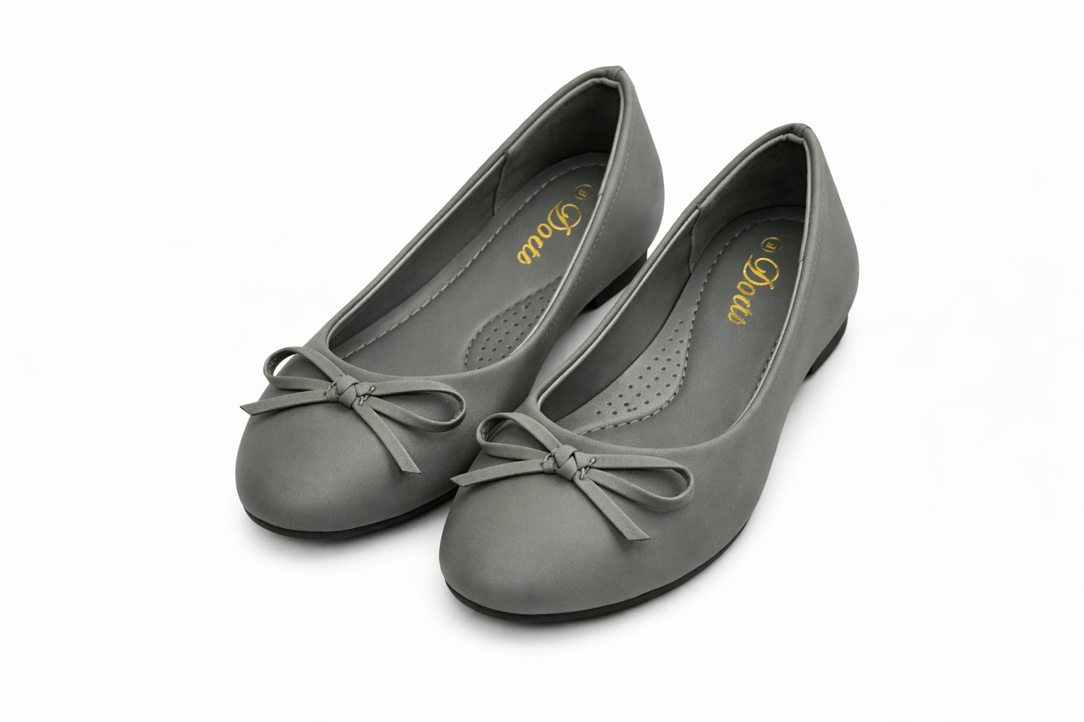 Gray ballet flats with decorative bow on front and perforated cushioned insoles