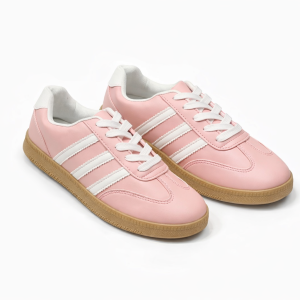 Pink sneakers with white stripes, white laces, and gum sole.