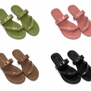 Cover image showing four pairs of glossy women’s flat sandals in Nairobi Kenya. Variants include olive green, pink, brown, and black, each with toe strap and upper strap design, stitched soles, and gold logo insoles.