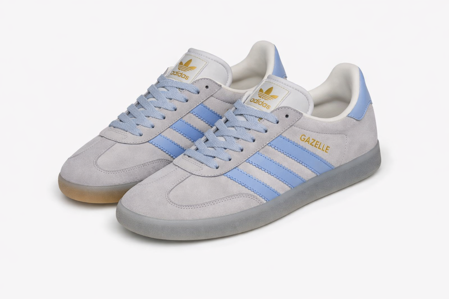Adidas Gazelle sneakers gray suede with pastel blue stripes and laces, retro casual shoes Nairobi Kenya.