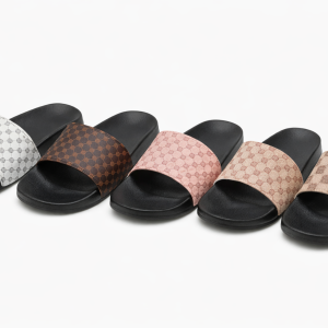 Cover image showing five pairs of slide sandals side by side on a white background. Straps in white, dark brown, light pink, beige, and tan, each with repeating geometric or circular motifs. All sandals feature black soles and textured footbeds.
