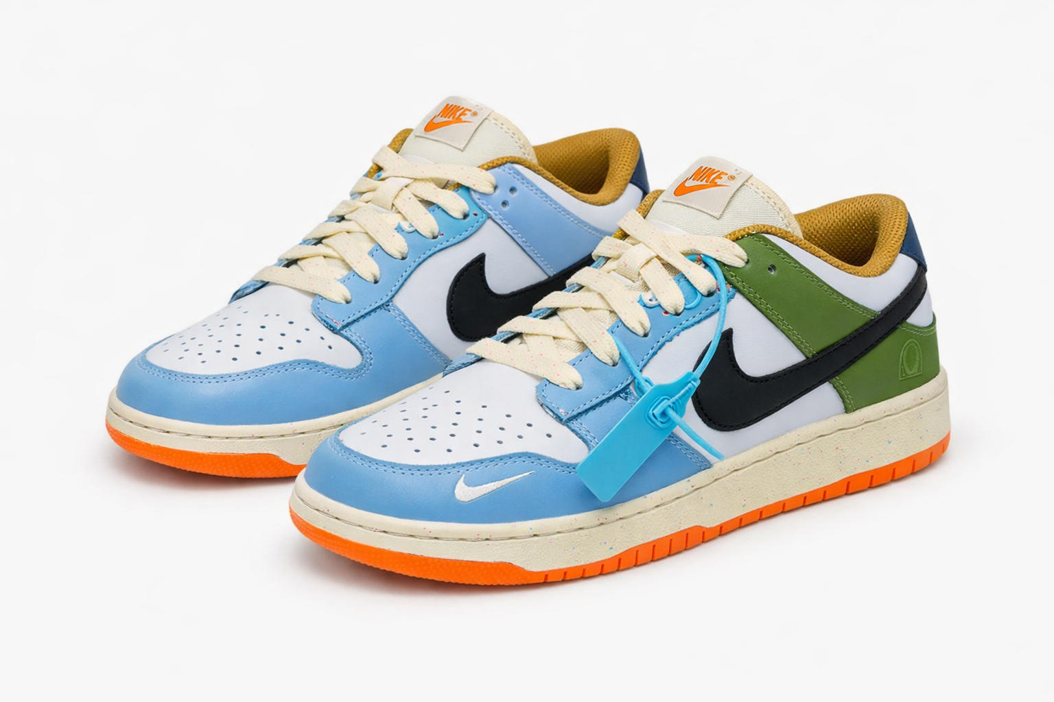 SB Dunk Low sneakers multicolor design with blue, green, orange accents, black swoosh, skateboarding shoes in Nairobi Kenya.