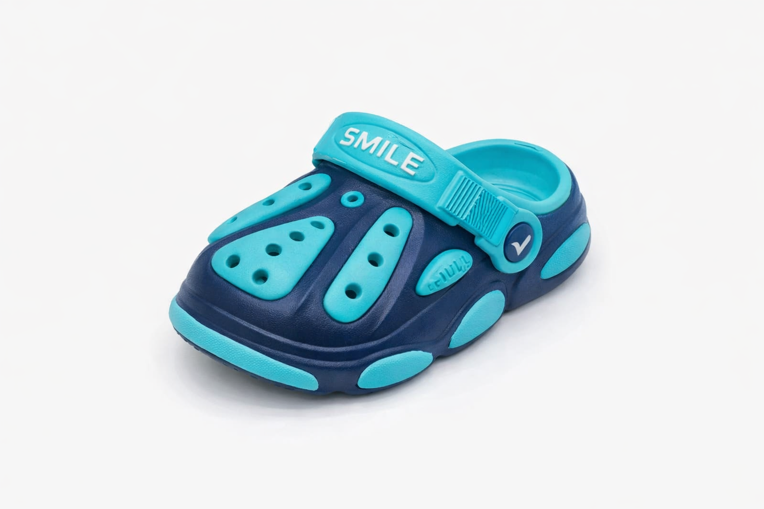 Children’s crocs navy blue with turquoise accents, SMILE strap, breathable EVA foam clogs Nairobi Kenya.