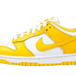 Nike Dunk Low Laser Orange sneakers back view with bright yellow heel tabs, white NIKE embroidery, white midsole, and yellow outsole Nairobi Kenya.