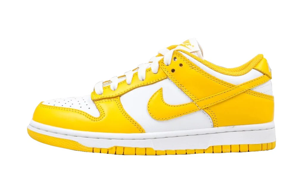 Nike Dunk Low Laser Orange sneakers back view with bright yellow heel tabs, white NIKE embroidery, white midsole, and yellow outsole Nairobi Kenya.