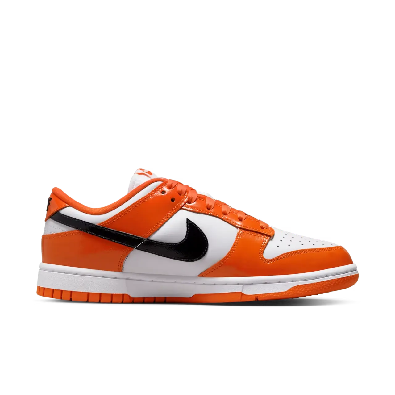 Nike Dunk Low Patent Halloween sneaker with white leather base, bright orange overlays, black swoosh, orange laces, and orange outsole Nairobi Kenya.