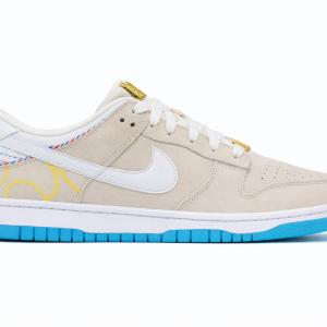 Nike Dunk Low SE Barber Shop Grey sneaker with beige suede upper, white swoosh, white laces with gold tips, blue outsole, and striped detailing near heel Nairobi Kenya.