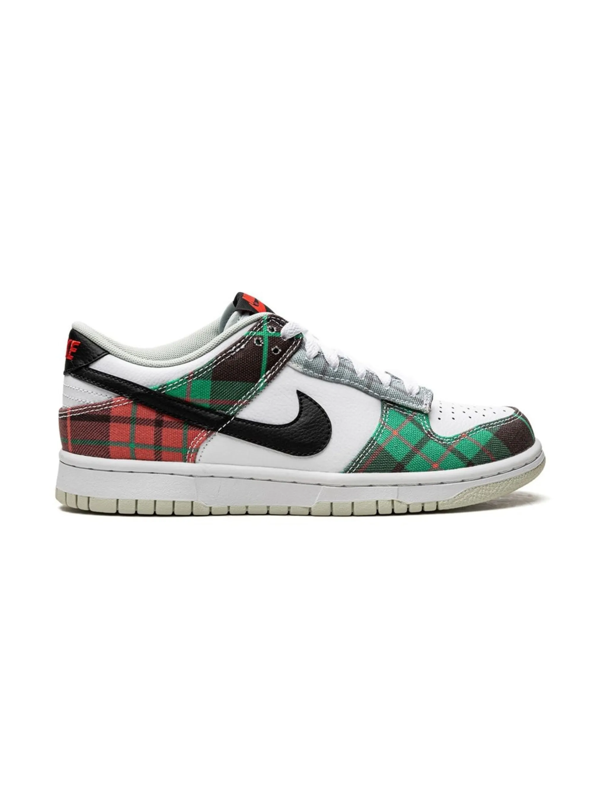 Nike Dunk Low Tartan Plaid sneaker with white leather base, green red brown plaid overlays, black swoosh, and beige outsole Nairobi Kenya.