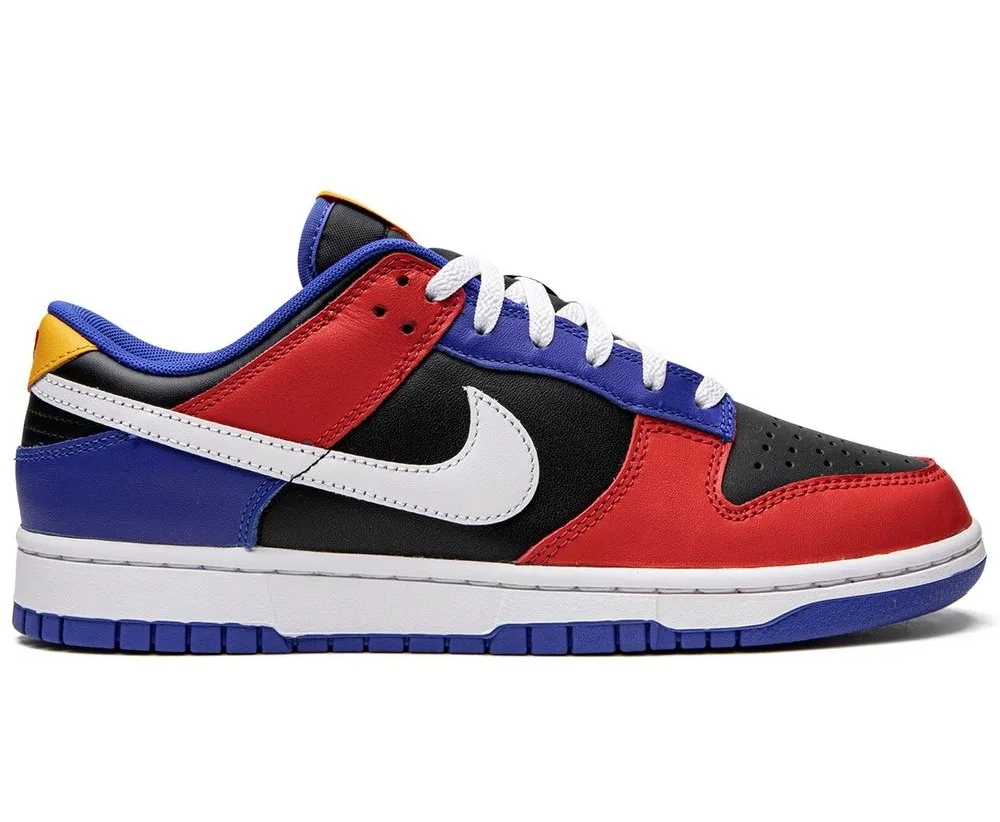 Nike Dunk Low Tennessee State University sneaker with red overlays, blue heel accents, black panels, white swoosh, white laces, and yellow tongue patch Nairobi Kenya.