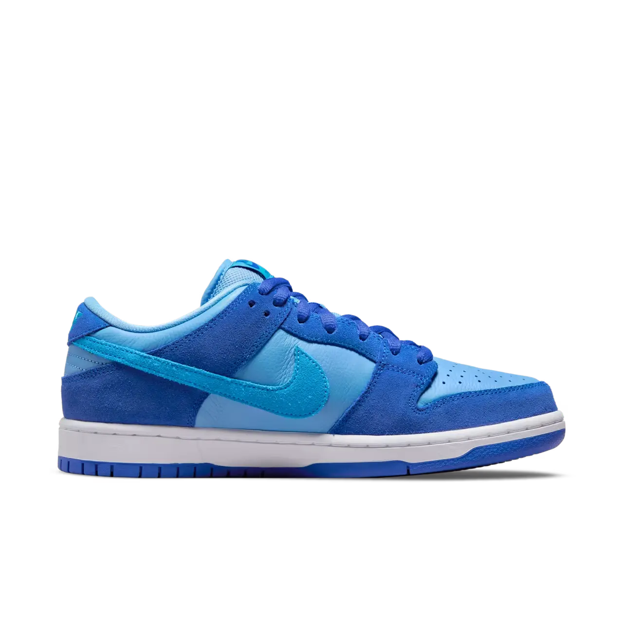Nike SB Dunk Low Blue Raspberry sneakers with light blue leather base, dark blue suede overlays, turquoise swoosh, blue laces, and white midsole Nairobi Kenya.