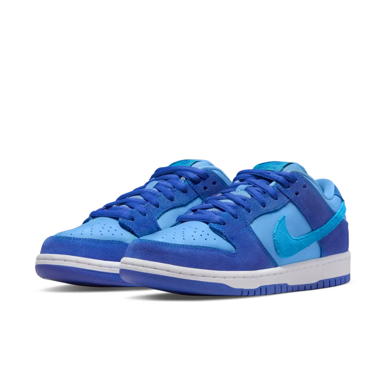 Nike SB Dunk Low Blue Raspberry Suede Leather Sneakers Nairobi Kenya Nike SB Dunk Low Blue Raspberry sneakers with light and dark blue panels, turquoise swoosh, perforated toe box, white midsole, and blue outsole Nairobi Kenya.