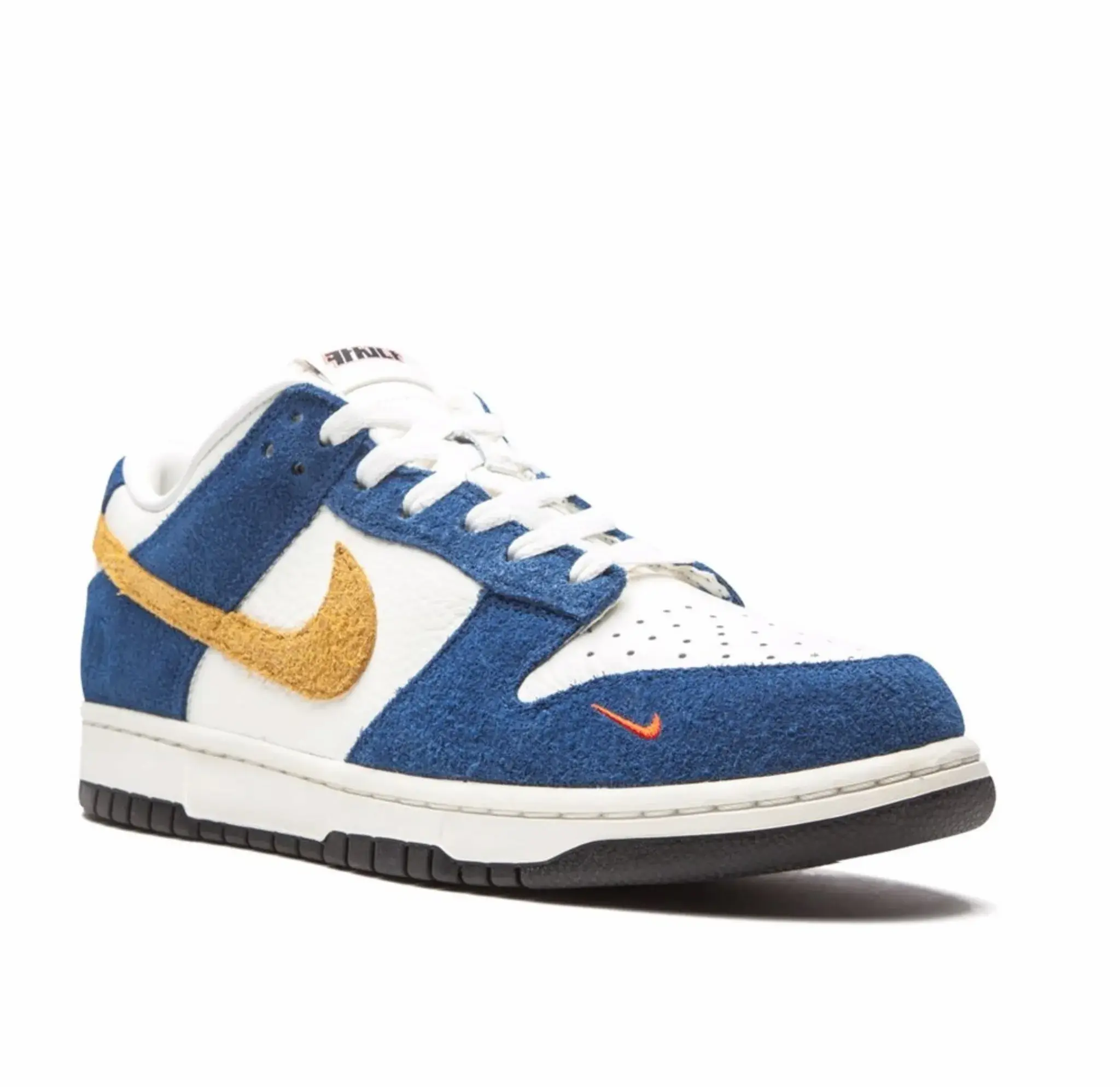 Nike x Kasina Dunk Low ’80s Bus Sneakers White Blue Yellow Nairobi Kenya Nike x Kasina Dunk Low ’80s Bus sneaker with white leather base, blue suede overlays, textured golden‑yellow swoosh, and mini red swoosh near toe Nairobi Kenya.