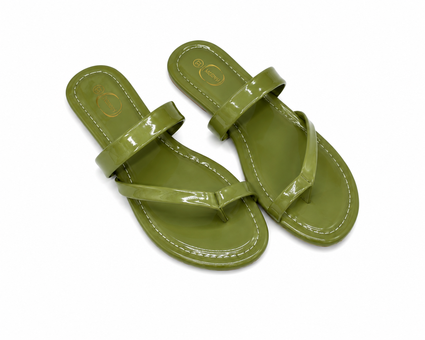 Olive green glossy women’s flat sandals with toe loop and upper strap, trendy casual footwear in Nairobi Kenya