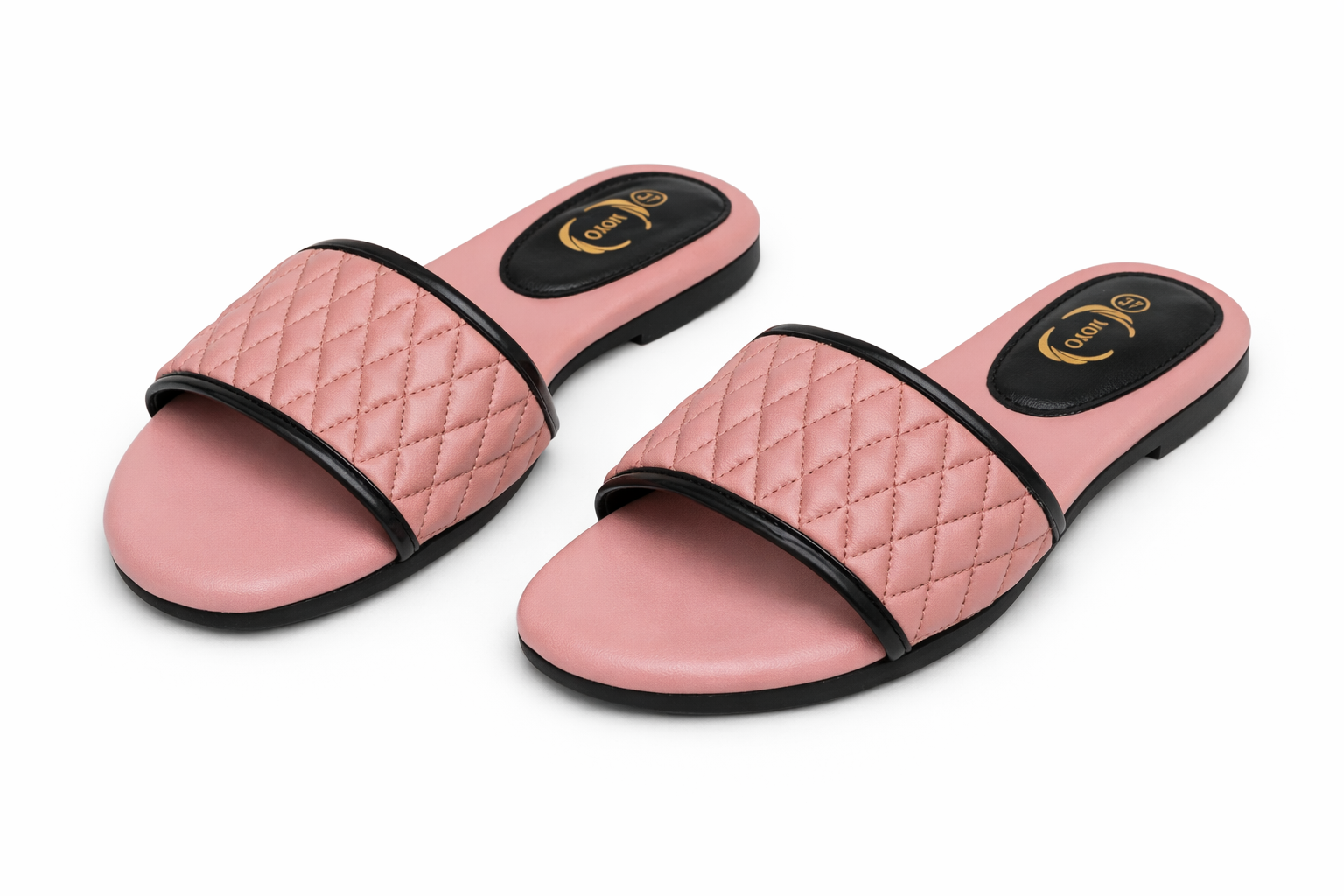 Brown quilted women’s slide sandals with diamond‑pattern straps, black trim, casual summer footwear in Nairobi Kenya.