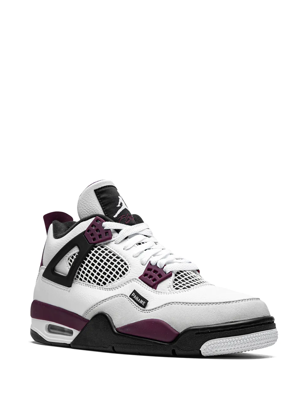 White Nike Air Jordan Retro 4 PSG Basketball Sneaker with Black Lace Wings and Paname Tag Nairobi Kenya White Nike Air Jordan Retro 4 PSG sneaker with black lace wings, dark burgundy accents, Paname side tag, and Jumpman logo on tongue, classic basketball trainers Nairobi Kenya.