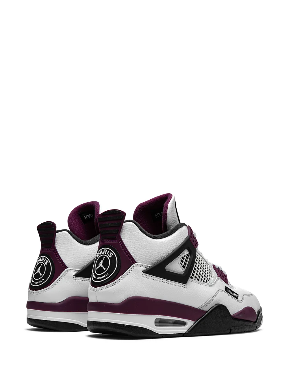 White Nike Air Jordan Retro 4 PSG Basketball Sneaker with Mesh Panels and Structured Silhouette Nairobi Kenya White Nike Air Jordan Retro 4 PSG sneaker with black and burgundy accents, Paname tag, mesh panels, and visible Air cushioning, premium basketball trainers Nairobi Kenya.