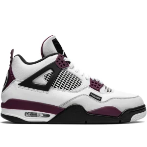 White Nike Air Jordan Retro 4 PSG Premium Leather Basketball Sneaker with Black and Burgundy Accents, Paris Saint‑Germain Logo Heel, Iconic Jumpman Trainers Nairobi Kenya