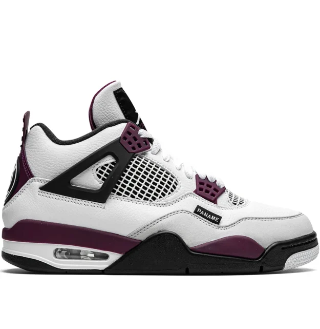 White Nike Air Jordan Retro 4 PSG Premium Leather Basketball Sneaker with Black and Burgundy Accents, Paris Saint‑Germain Logo Heel, Iconic Jumpman Trainers Nairobi Kenya