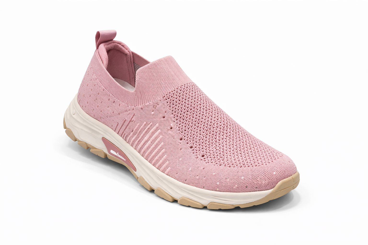 Breathable sneakers pink knitted mesh slip‑on with cushioned beige sole, casual lifestyle shoes Nairobi Kenya.