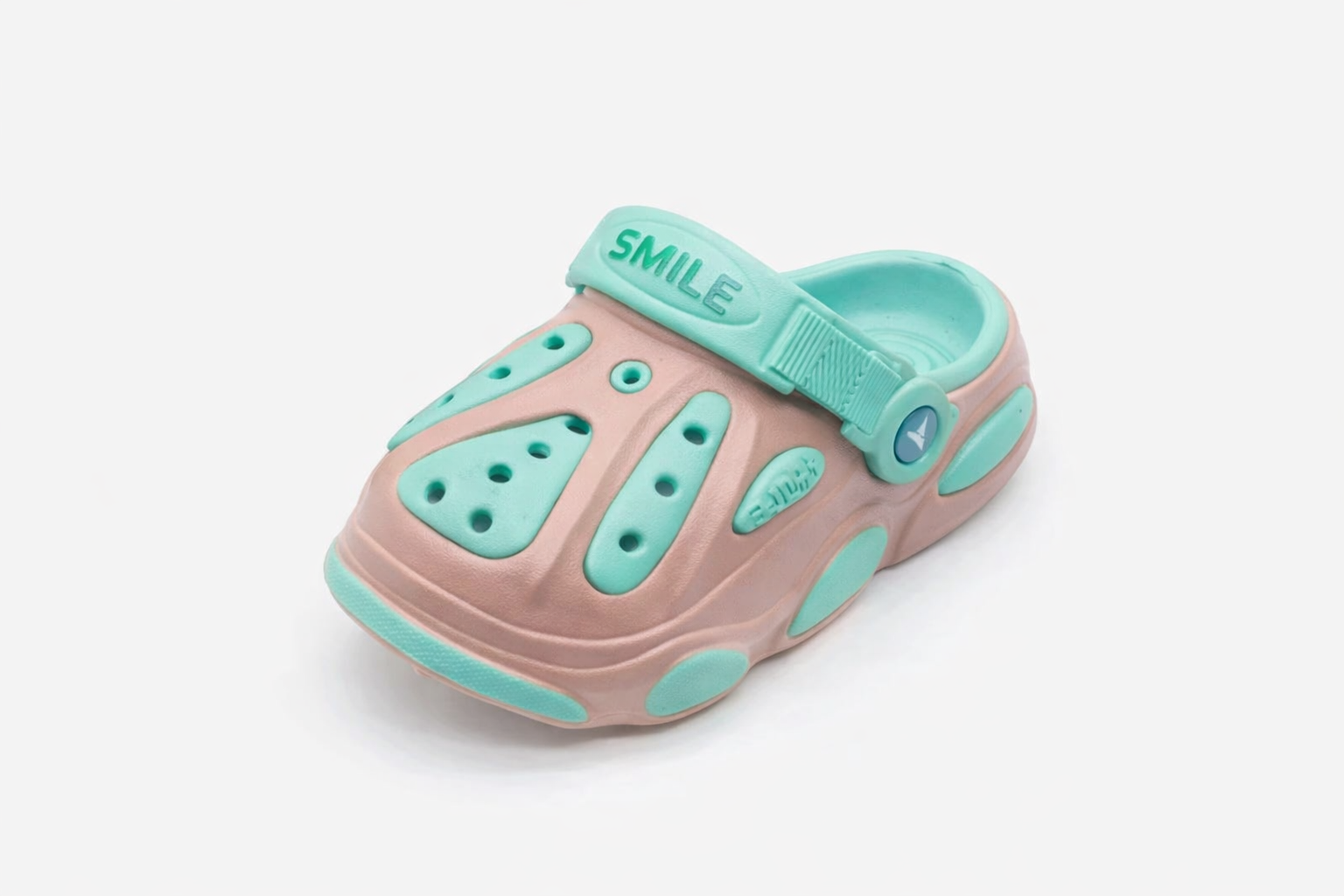 Children’s crocs mint pink with turquoise accents, SMILE strap, playful slip‑on clogs Nairobi Kenya.
