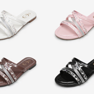 Women's flat slip-on sandals in white, pink, brown, and black with crisscross glitter and metallic straps, displayed on a white background – NairobiDeals Kenya.
