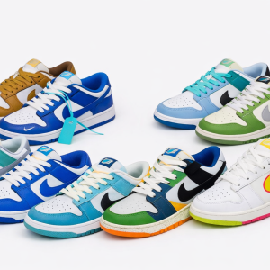 Cover image showing eight pairs of SB Dunk Low sneakers in Nairobi Kenya. Variants include brown/white, blue/white, light blue/white, green/white, turquoise/white, multicolor green/blue/orange with black swoosh, white with yellow/pink swoosh, and white with frog heel graphic. All sneakers feature leather or suede overlays, perforated toe boxes, and signature Nike swoosh designs.