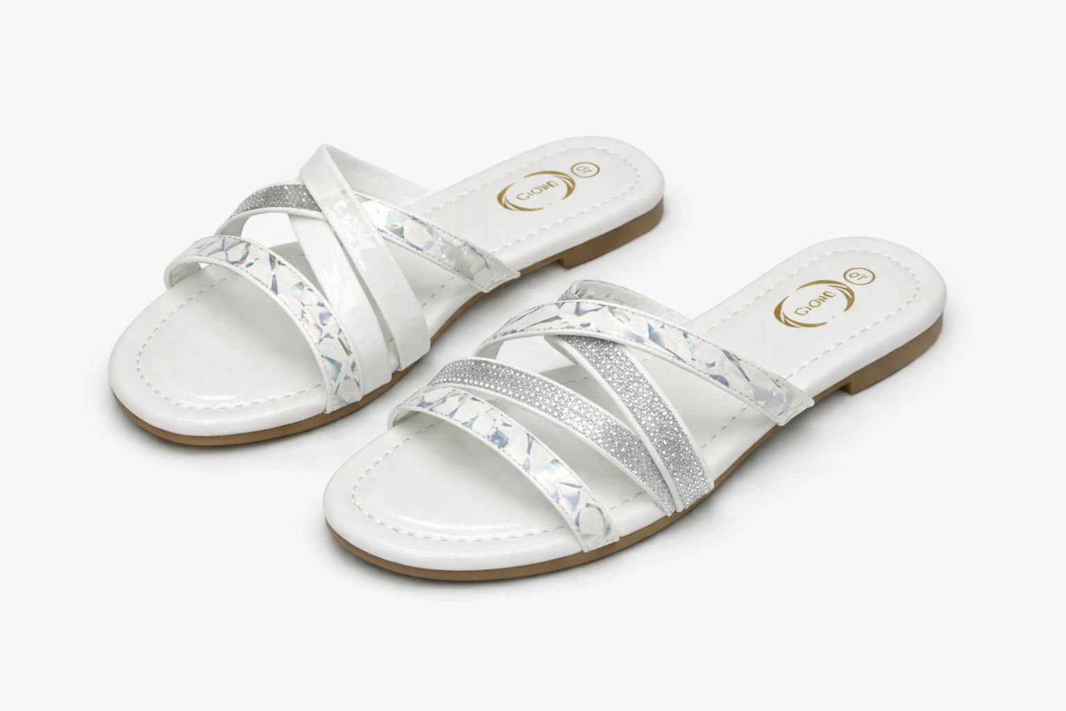 White glossy women’s crisscross strap sandals with glitter and iridescent patterned straps, stylish slip‑on shoes Nairobi Kenya.