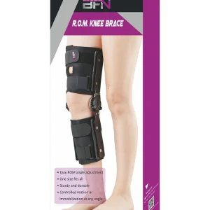 Leg wearing black BFN R.O.M. Knee Brace KA‑11 with adjustable straps and hinge dial for controlled motion Nairobi Kenya.