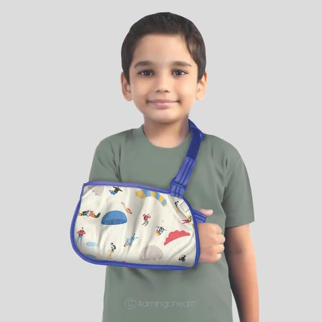 Flamingo Pediatric Arm Sling Child Demonstration Nairobi Kenya (2) Flamingo Pediatric Arm Sling packaging showing two children wearing patterned slings with product details and instructions Nairobi Kenya.