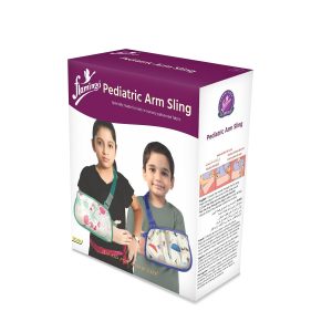 Child wearing Flamingo Pediatric Arm Sling with colorful patterned fabric and blue strap for arm support Nairobi Kenya.