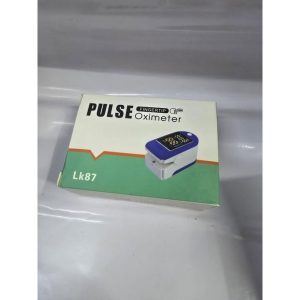Pulse Fingertip Oximeter LK87 packaging box with white and green design, product image, and model number Nairobi Kenya.