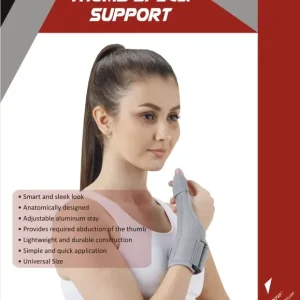 Thumb Spica Support brace worn on right hand, gray neoprene design covering wrist and thumb for stabilization Nairobi Kenya.